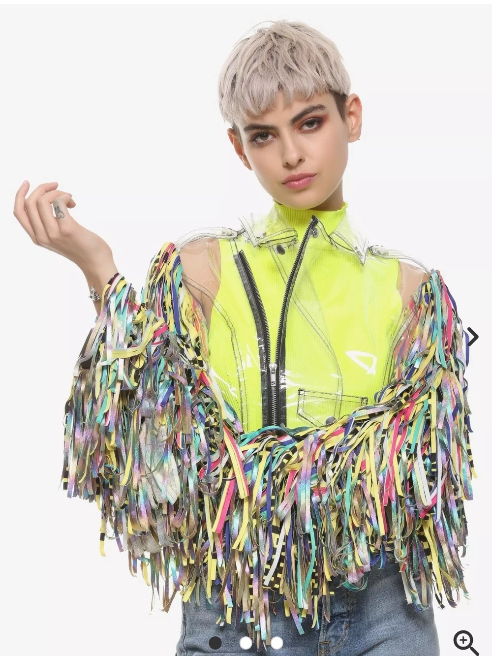Hot Topic Neon Yellow Clear Fringe Bomber Jacket